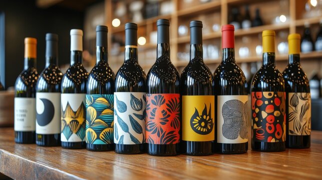 Artistic wine bottles displayed on a wooden shelf in a vibrant winery setting