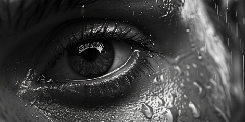 Water droplets covering close-up eyes, conveying emotions such as crying or protection against rain.