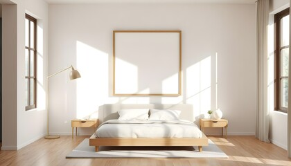 minimalist bedroom with wooden frame mockup, light wood flooring, neutral bedding, natural light streaming through large windows, serene and peaceful design, simple decor