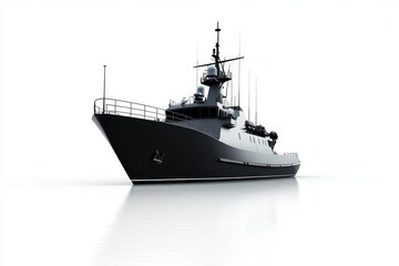 A sleek military vessel with antennas, designed for naval operations on calm waters.