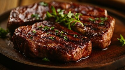 steak with a rich reddish-brown hue, garnished with greens.