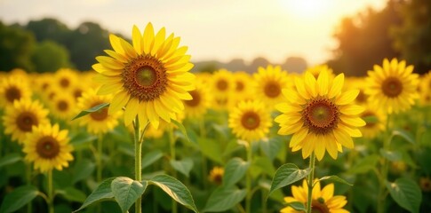 Fototapeta premium Sunflower field on a warm summer day with sunlight filtering through the tall yellow flowers, sunny day, yellow flowers, sunshine