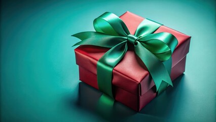 Obraz premium A red gift box with a large emerald green bow, resting on a teal background, a symbol of celebration and surprise