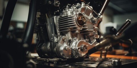 The engine of a motorcycle with intricate mechanical design.