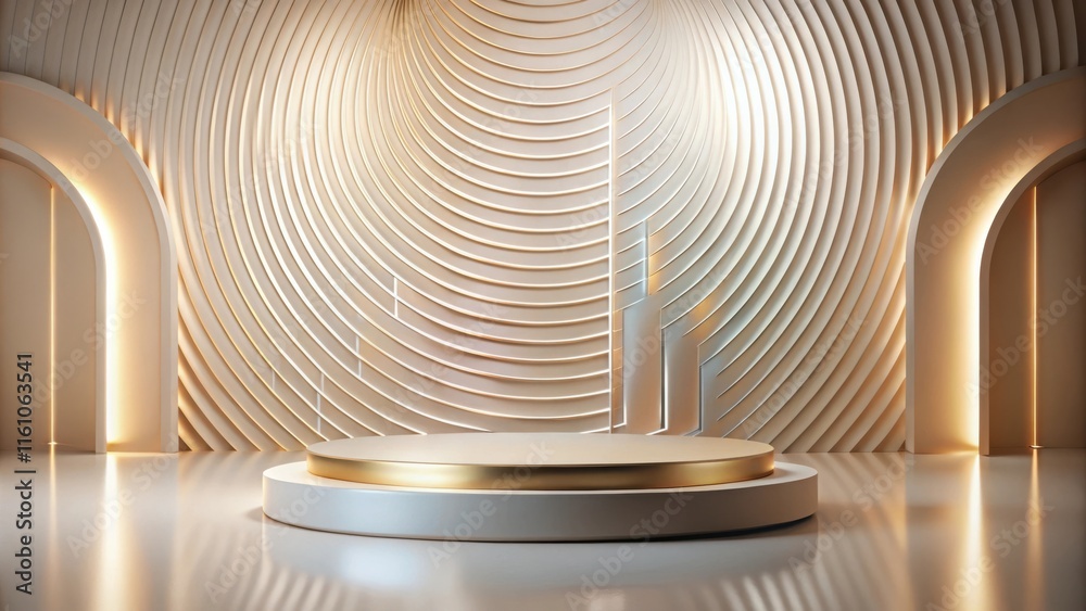 Aufkleber minimalist interior design featuring a circular platform with a golden rim and abstract curved walls