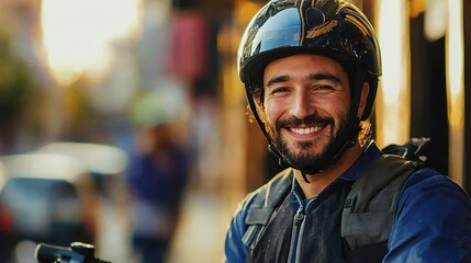 Delivery rider prepares for city service with a smile and secure helmet