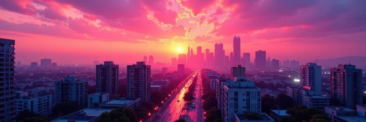 Obraz premium Urban cityscape at sunset with a vibrant pink background, sunset, cityscape, pink background