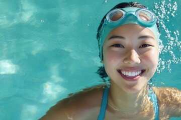 Smiling swimmer enjoying refreshing moment underwater, bubbles s