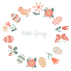 Happy Easter round frame with eggs, bird, butterflies and flowers. Vector flat style illustration in pastel colors. Perfect for greeting cards, invitations, seasonal banner and  holiday design