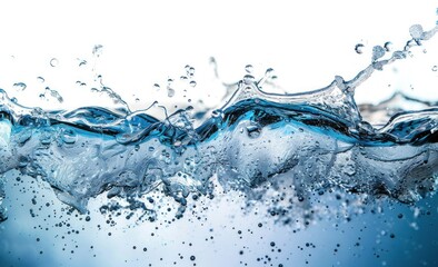 Blue water splashing with droplets in motion on white background.