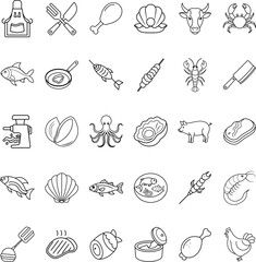 Food Icons Seafood, Meat, Poultry, Utensils, Cooking