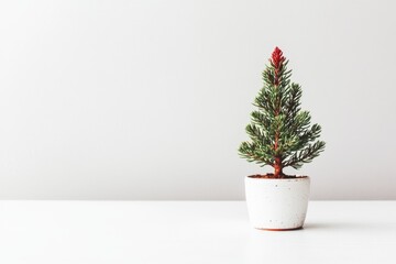Fototapeta premium A small potted evergreen tree set against a minimalist background.