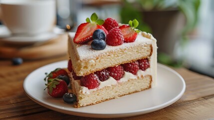 A slice of cake on wooden table.