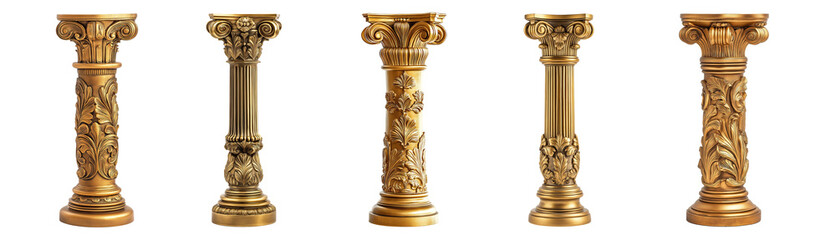 Set of golden decorative columns isolated on transparent or white background