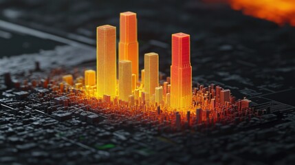 Abstract city skyline glowing at night, digital art.
