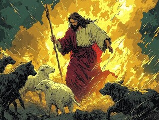 In dramatic moment Jesus Christ shields vulnerable lamb raised staff while fierce wolves lunge forward in vibrant and dynamic portrayal.