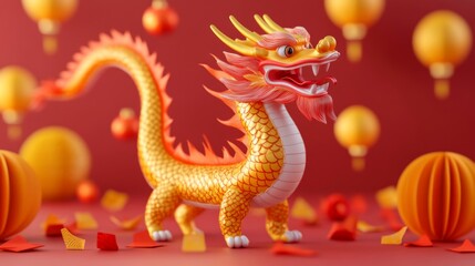 Fototapeta premium 3D art of Chinese New Year festivities, showing a dragon surrounded by traditional customs, golden decorations, and cultural symbols like red envelopes and lanterns