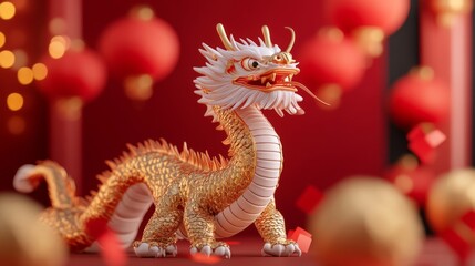 Fototapeta premium 3D art of Chinese New Year festivities, showing a dragon surrounded by traditional customs, golden decorations, and cultural symbols like red envelopes and lanterns