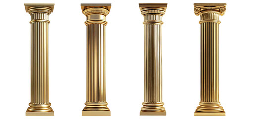 Set of golden decorative columns isolated on transparent or white background