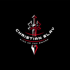 Medieval White and red Sword Knight. Knife Blade Silhouette logo design vector
