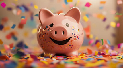 Obraz premium A cheerful piggy bank surrounded by colorful confetti, symbolizing savings and celebration
