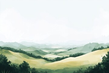 Fototapeta premium Serene landscape with rolling hills and soft greenery under a light sky.