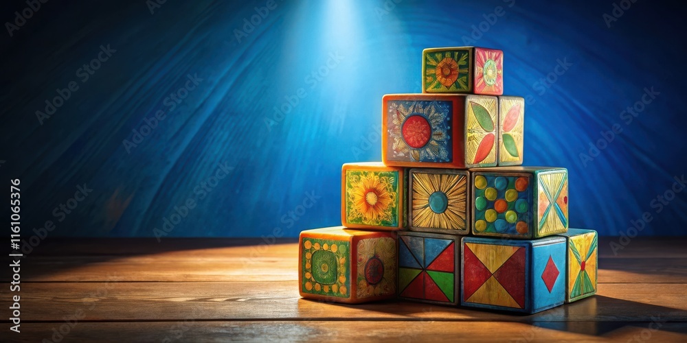 Poster A colorful stack of wooden blocks with intricate designs, illuminated by a spotlight against a deep blue background.