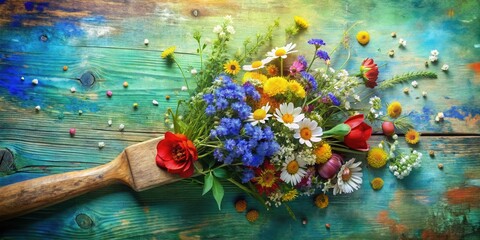 Fototapeta premium A rustic wooden table painted in shades of blue and green serves as a canvas for a vibrant bouquet of wildflowers, capturing the essence of a summer meadow.