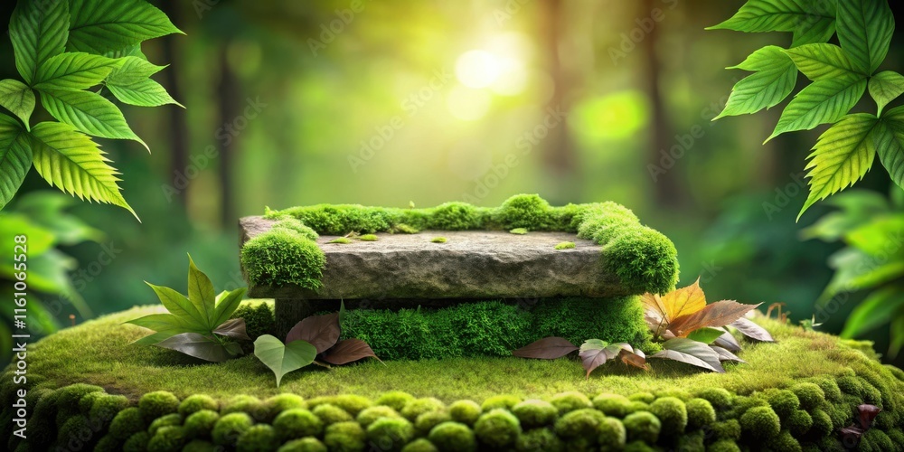 Aufkleber a mossy stone platform in a lush forest with soft sunlight filtering through the leaves.