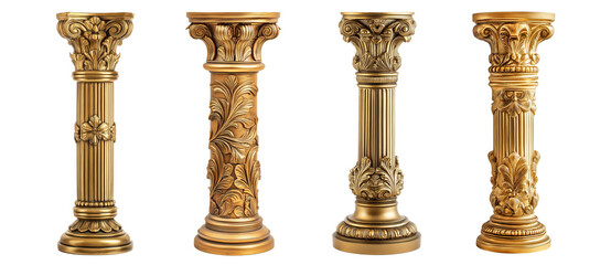 Set of golden decorative columns isolated on transparent or white background