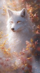 Obraz premium Enigmatic White Fox Surrounded by Autumn Leaves