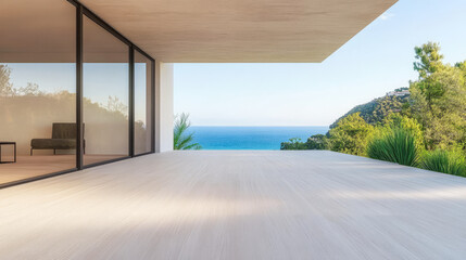 Modern terrace overlooking calm ocean in a serene coastal environment