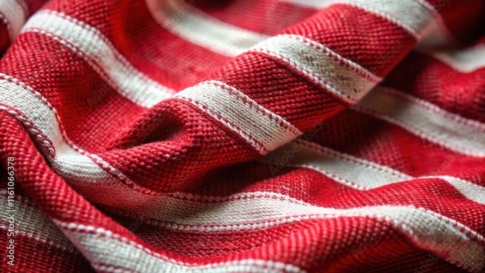 Aufkleber textured red and white striped fabric with a subtle sheen, folded and draped, showcasing the intrica