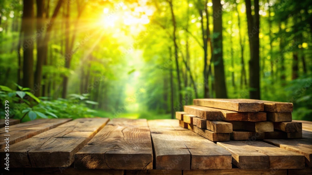 Poster wooden planks on a table with a blurred background of a bright sunny forest path