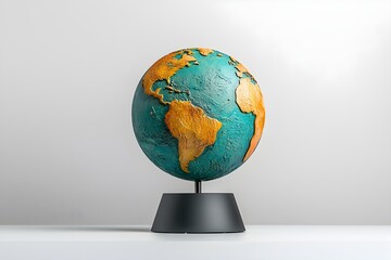 A meticulously detailed, artistic globe featuring a teal base with gold-highlighted landmasses.