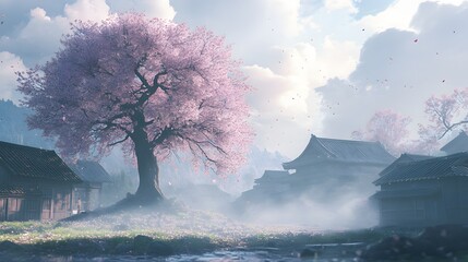 A magnificent and beautiful cherry blossom tree standing alone, with a peaceful and beautiful view...