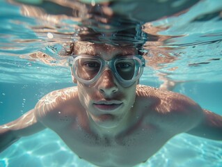 Naklejka premium A man wearing swim goggles submerged in water, emphasizing the lens design. Part of a sports or fitness theme.