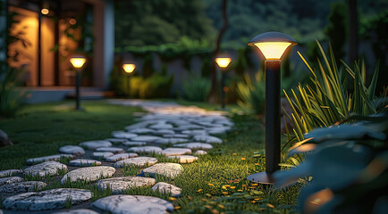 At night, there is a lawn outside with stone roads and grass on both sides of each road. There are three LED floor lamps on the front. Garden landscape lighting design is simple.