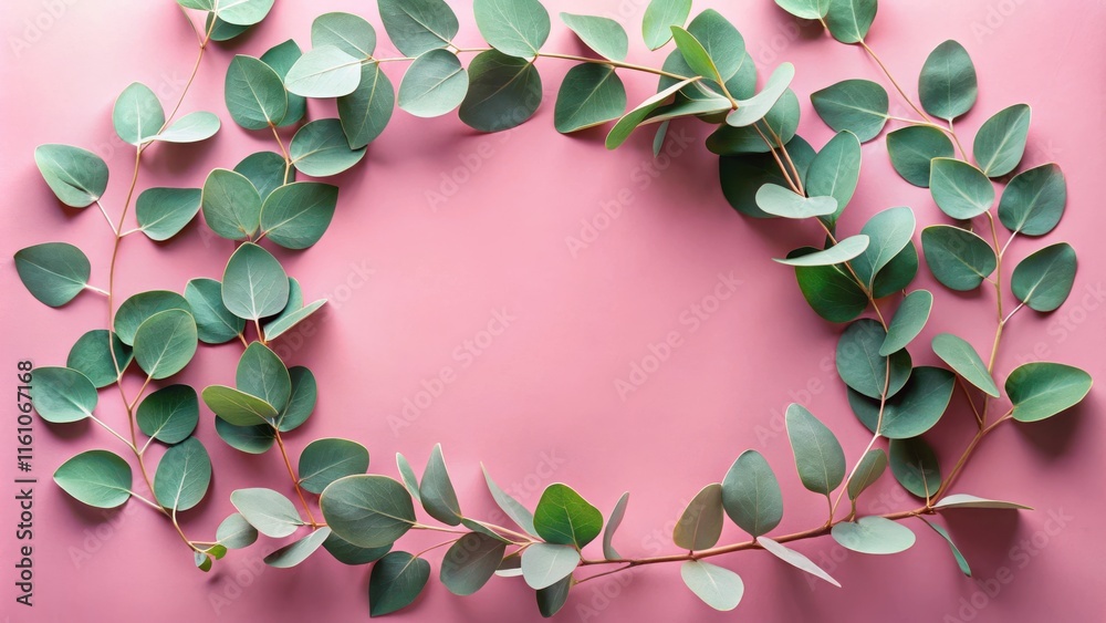 Poster A circular arrangement of eucalyptus leaves on a soft pink background creates a simple yet elegant natural border.