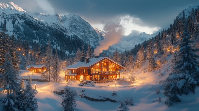 Beautiful winter sunset over a cozy cabin situated near a river in a mountainous area