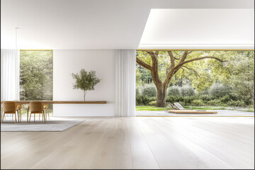 Obraz premium Modern interior design with large windows showcasing scenic outdoor landscape