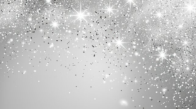 Silver glitter, sparkles, and specks on a gray background.