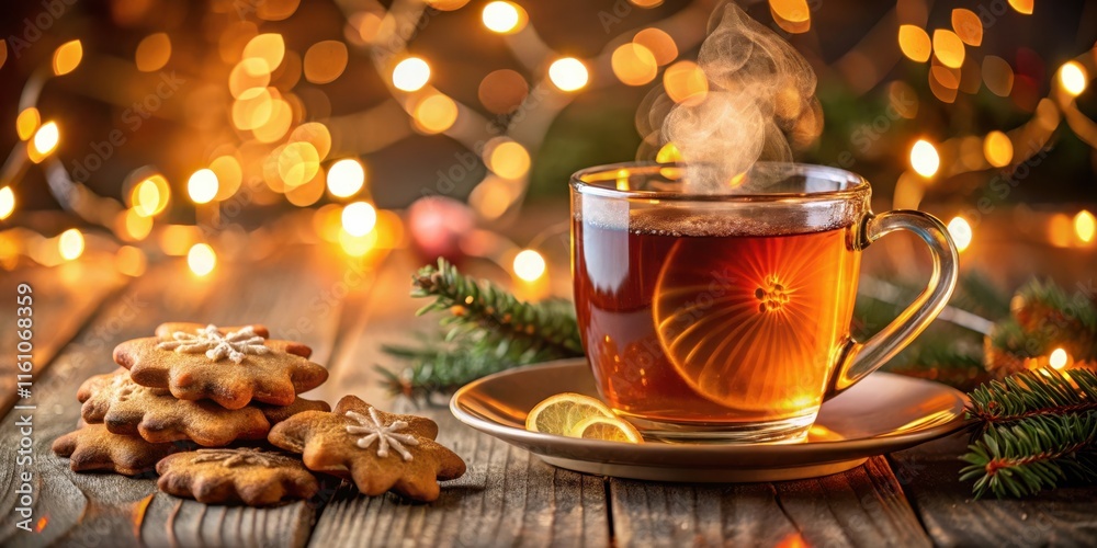 Poster warm festive tea with steaming cup and gingerbread cookies on rustic wooden tabletop with twinkling 