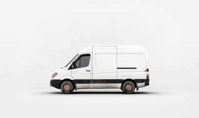 Side view of a white dirty van on white background.