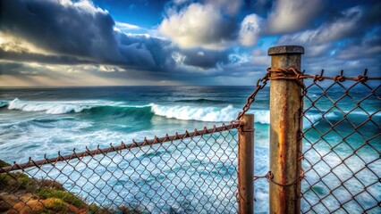 Obraz premium A weathered metal fence post stands guard, its rusty chain link barrier separating the viewer from the vast, crashing ocean waves that churn beneath a dramatic sky