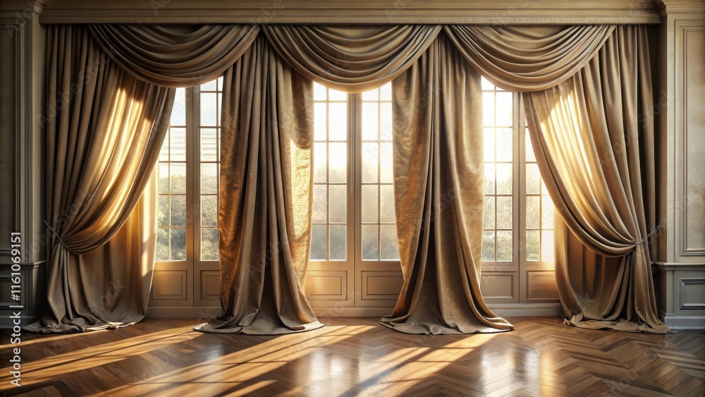 Poster golden sunlight streams through elegant drapes, illuminating a room with rich wood floors and a view