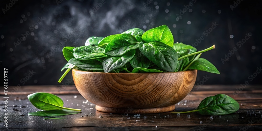 Poster freshly washed spinach in a wooden bowl with water droplets on a rustic wooden table