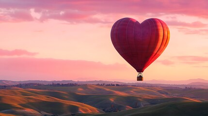 Fototapeta premium A whimsical heart-shaped hot air balloon ride over rolling hills with pink skies at sunset.