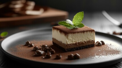 A side view of a plate of gourmet tiramisu, an Italian dessert, with a sprig of mint on top, displayed at a table