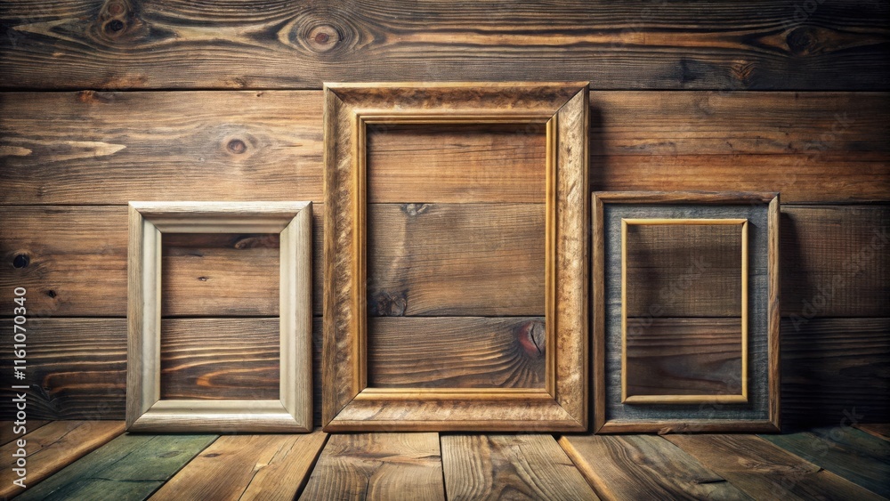 Poster three empty picture frames of different sizes, with gold and silver accents, rest against a rustic w